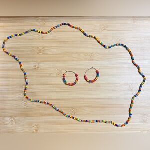 Colorful Rainbow Beaded Necklace and Hoop Earrings Set Handmade